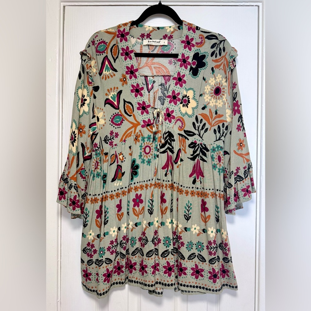 Three Bird Nest Floral Embroidered Tunic in Sage with Pink & Orange Accents